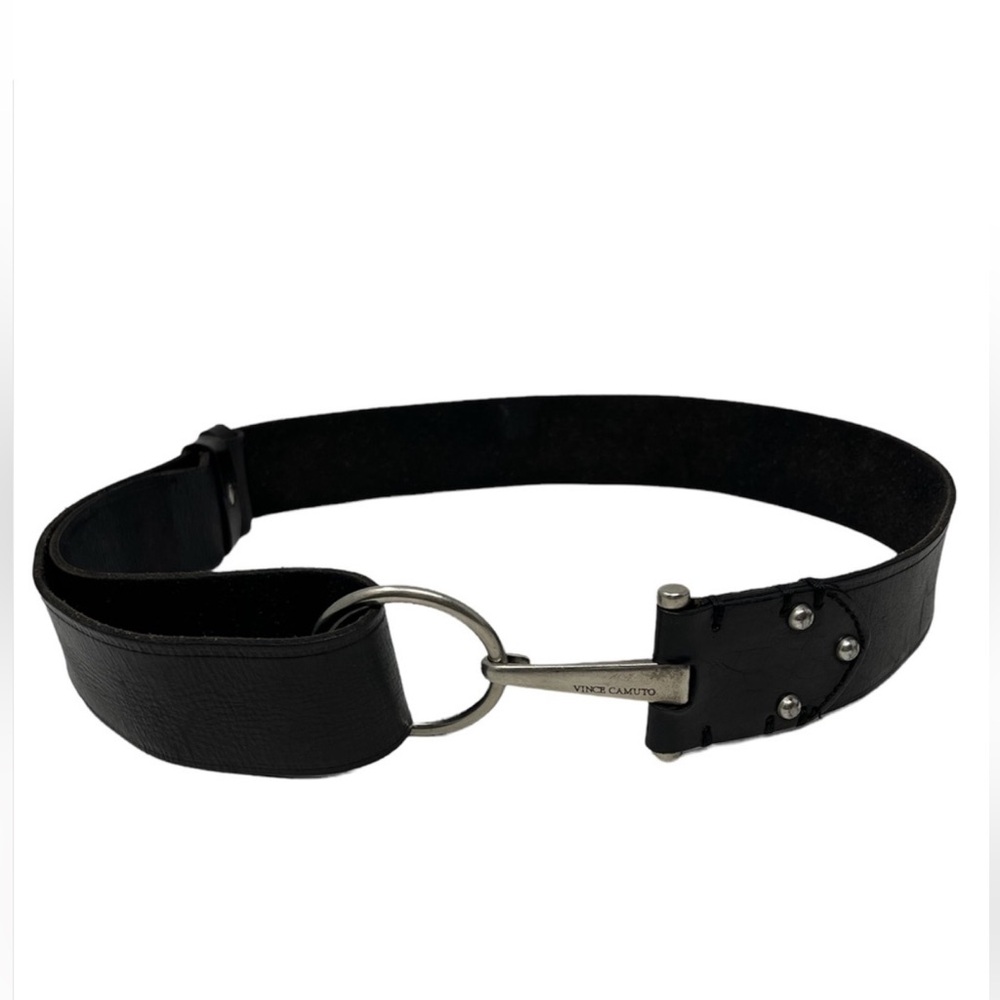 Vince Camuto 2” Wide BLACK LEATHER belt Studded HOOK BUCKLE Belt Women’s Large